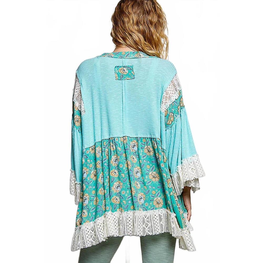 NEW POL ruffle sleeve open relaxed fit cardigan in aqua - Picture 3 of 6